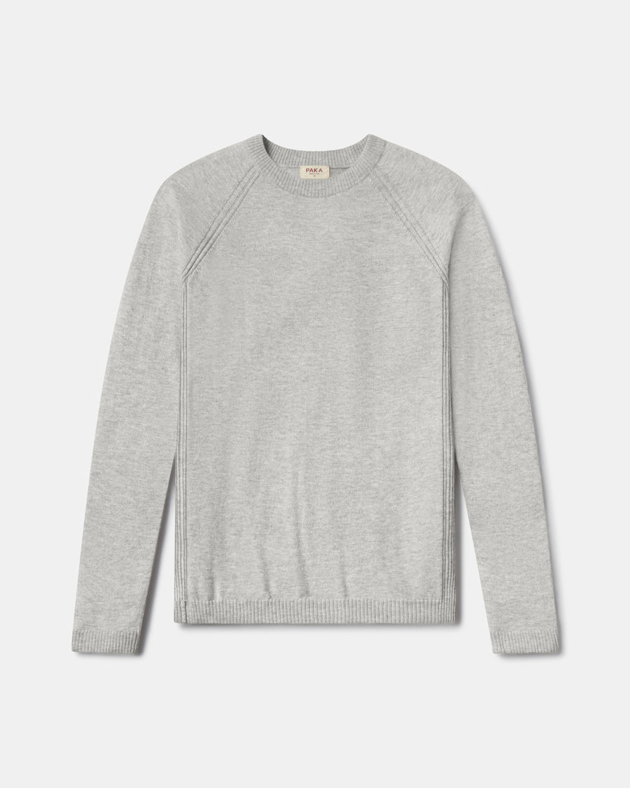Front flat lay of Men’s Ultralight Crew in ice heather grey showing raglan seams and ribbed hem on light background