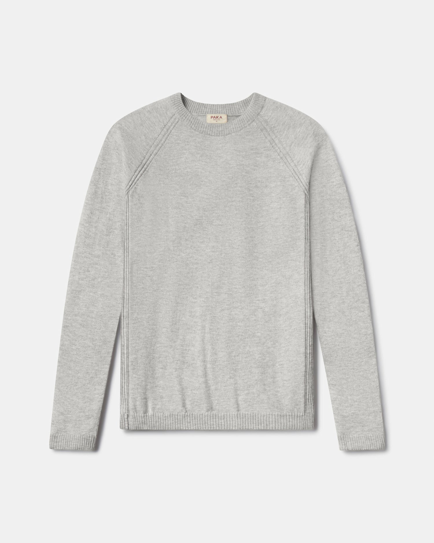 Front flat lay of Men’s Ultralight Crew in ice heather grey showing raglan seams and ribbed hem on light background