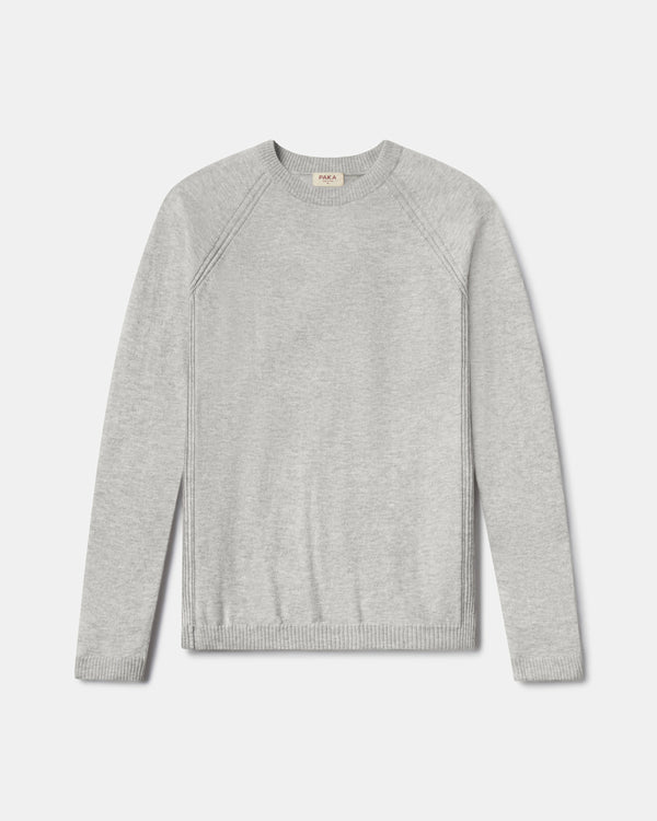 Front flat lay of Men’s Ultralight Crew in ice heather grey showing raglan seams and ribbed hem on light background