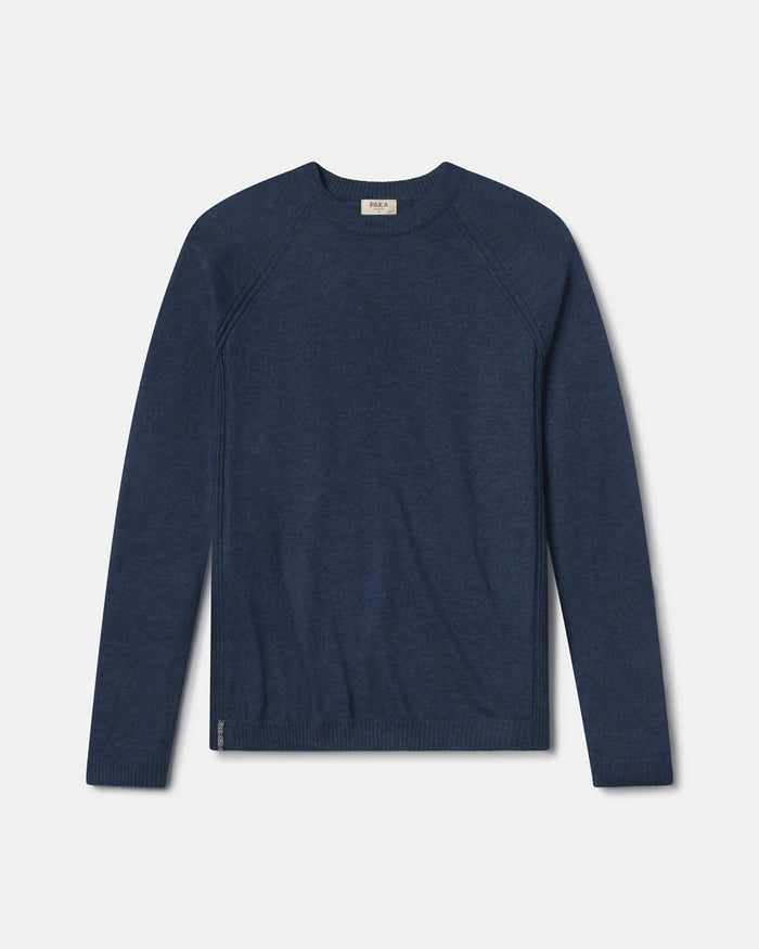 Front flat-lay of Men’s Ultralight Crew sweater in navy showing raglan seams, crew neckline, and ribbed hem on light gray background