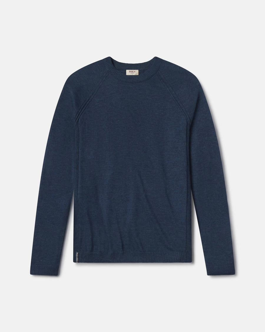 Front flat-lay of Men’s Ultralight Crew sweater in navy showing raglan seams, crew neckline, and ribbed hem on light gray background