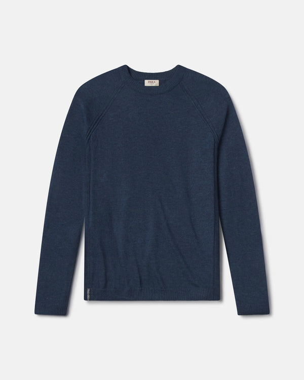 Front flat-lay of Men’s Ultralight Crew sweater in navy showing raglan seams, crew neckline, and ribbed hem on light gray background