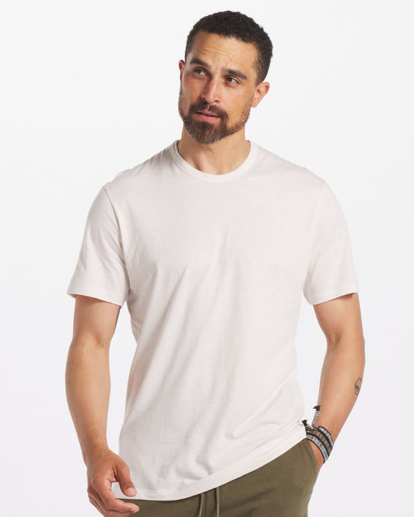 Model is 6'3" and wearing size Large. Man Wearing Cream / White Alpaca Blend T-Shirt for Outdoors and Casual - PAKA Apparel