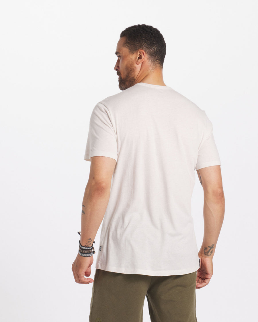 Back Shot of Man Wearing Cream / White Alpaca Blend T-Shirt for Outdoors and Casual - PAKA Apparel