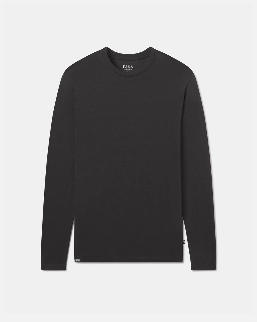 Front flat-lay of Men’s Aire Long Sleeve black alpaca blend crew-neck shirt showing long sleeves and crew neckline on light gray background