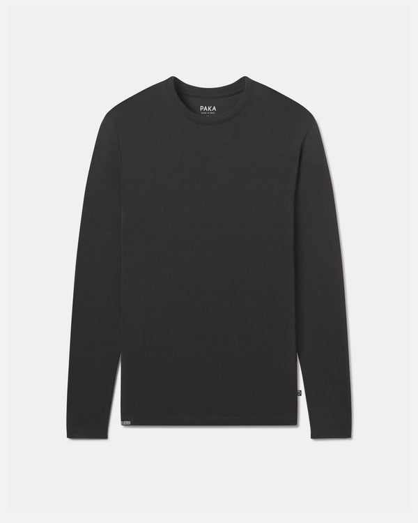 Front flat-lay of Men’s Aire Long Sleeve black alpaca blend crew-neck shirt showing long sleeves and crew neckline on light gray background