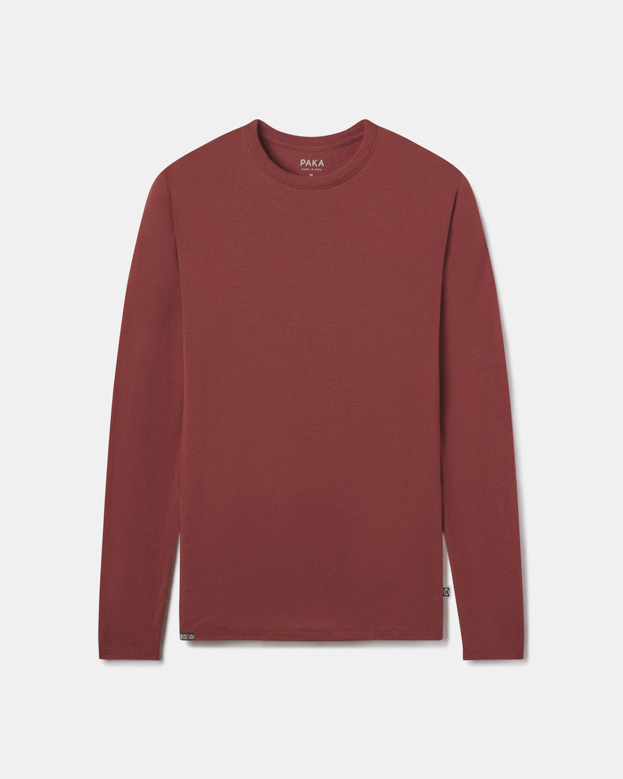 Front flat lay of Men’s Aire long sleeve alpaca shirt showcasing crew neck and long sleeves with light gray background