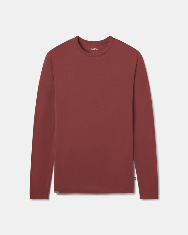 Front flat lay of Men’s Aire long sleeve alpaca shirt showcasing crew neck and long sleeves with light gray background