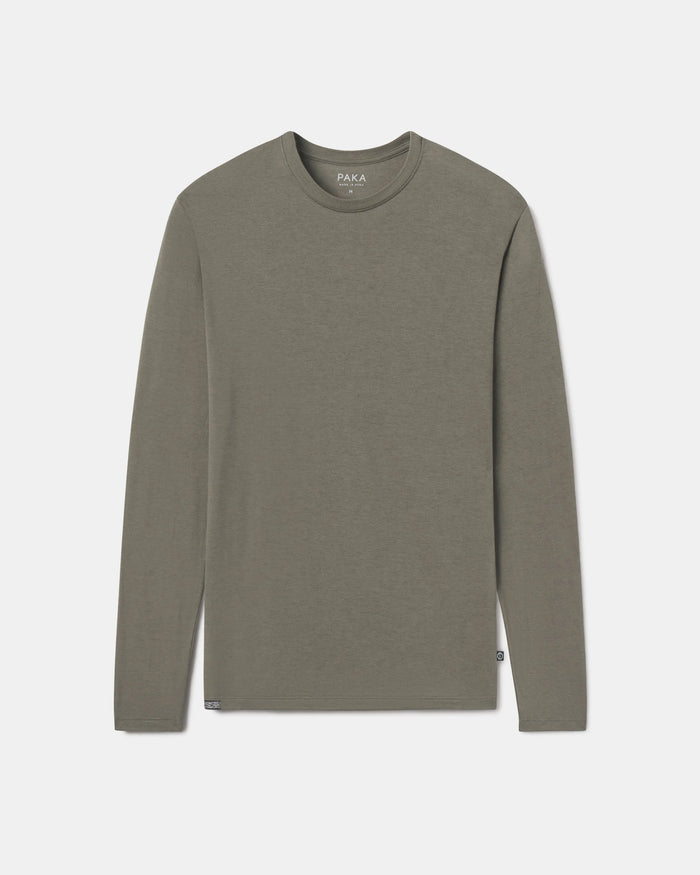 Front view of Men’s Aire long sleeve alpaca shirt showcasing crew neck and long sleeves in eucalyptus green on light gray background