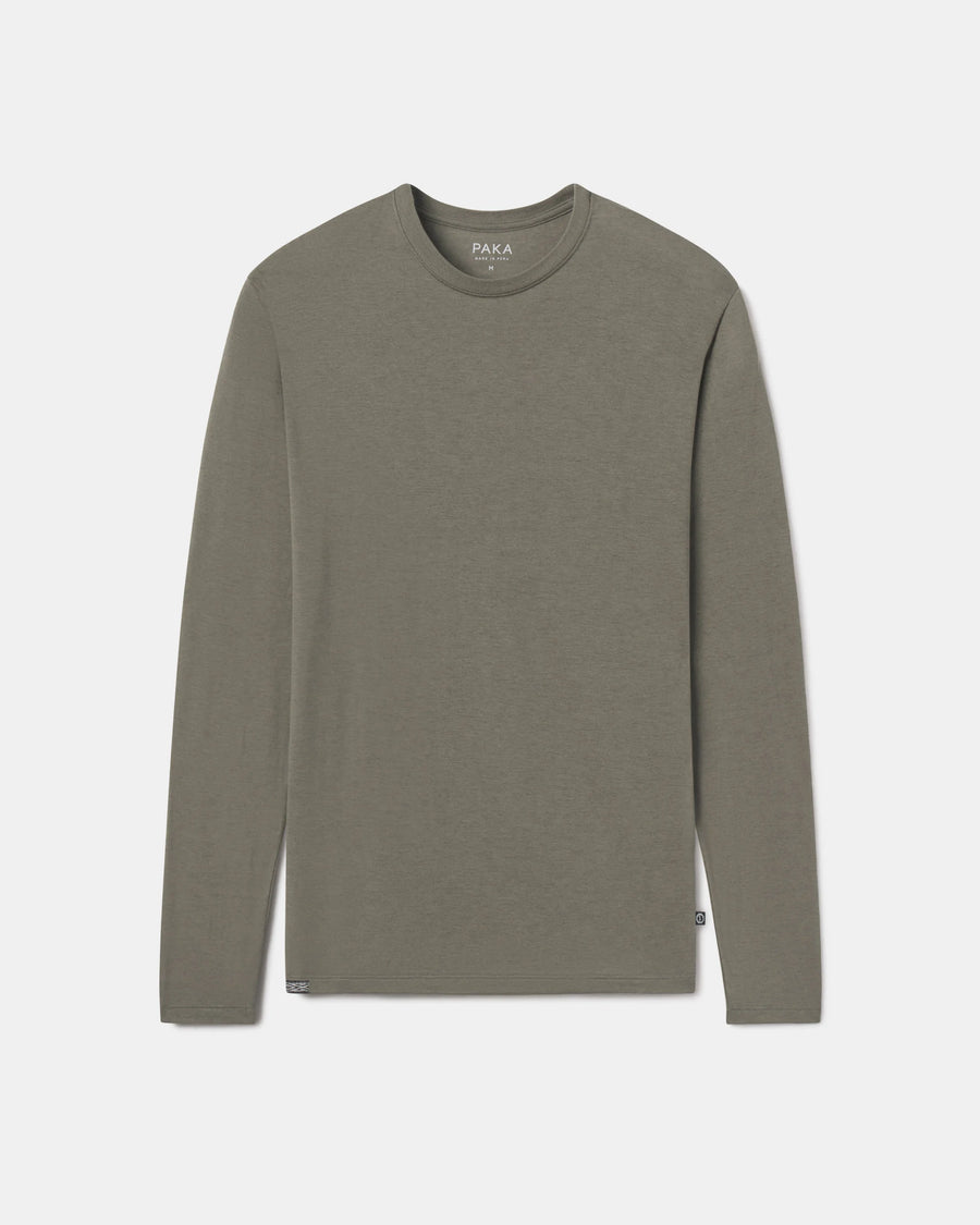 Front view of Men’s Aire long sleeve alpaca shirt showcasing crew neck and long sleeves in eucalyptus green on light gray background
