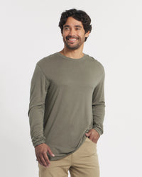 Three-quarter front of Men’s Aire Long Sleeve alpaca shirt in eucalyptus showing lightweight drape and regular fit on a white background