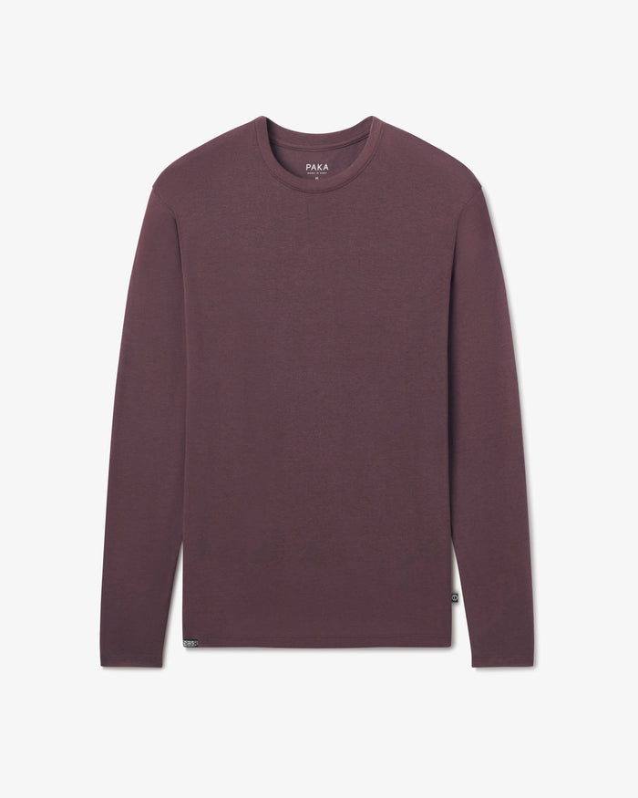 Front view of Men’s Aire Long Sleeve alpaca shirt showing crew neck and slim fit in fig purple on white background
