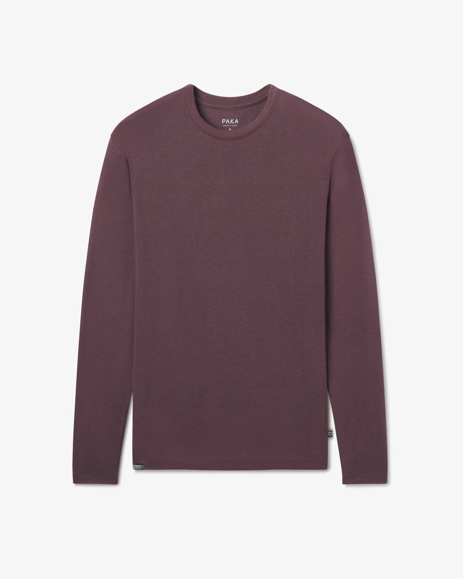 Front view of Men’s Aire Long Sleeve alpaca shirt showing crew neck and slim fit in fig purple on white background