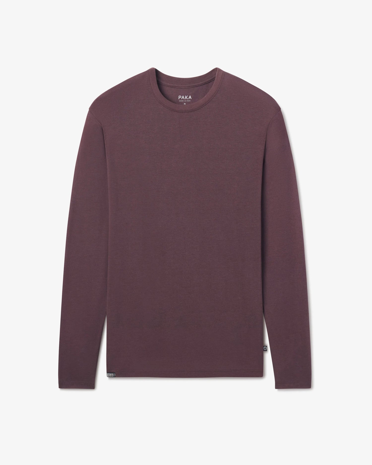 Front view of Men’s Aire Long Sleeve alpaca shirt showing crew neck and slim fit in fig purple on white background