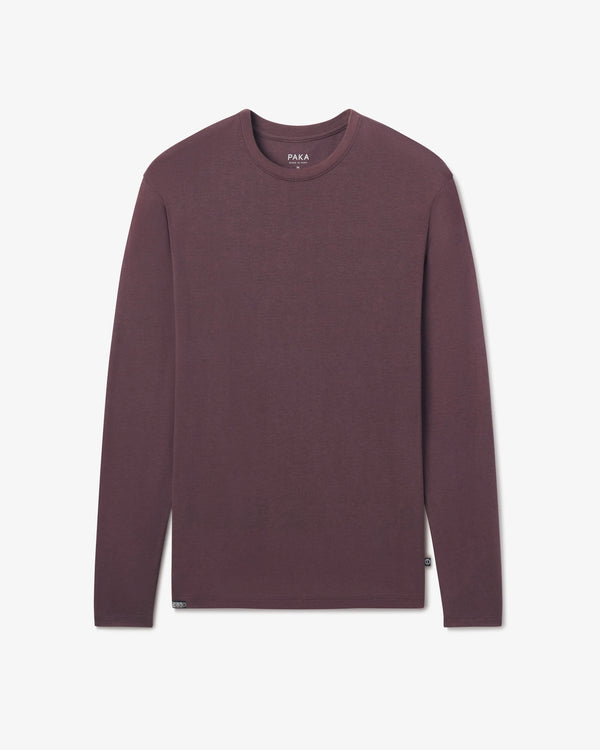 Front view of Men’s Aire Long Sleeve alpaca shirt showing crew neck and slim fit in fig purple on white background