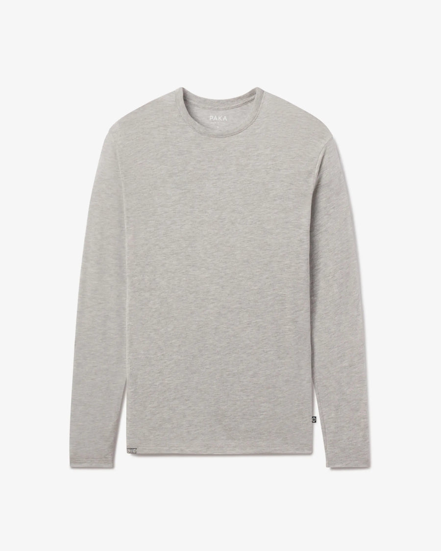 Front view of Men’s Aire long sleeve alpaca shirt showing crew neck and heather grey fabric on white background