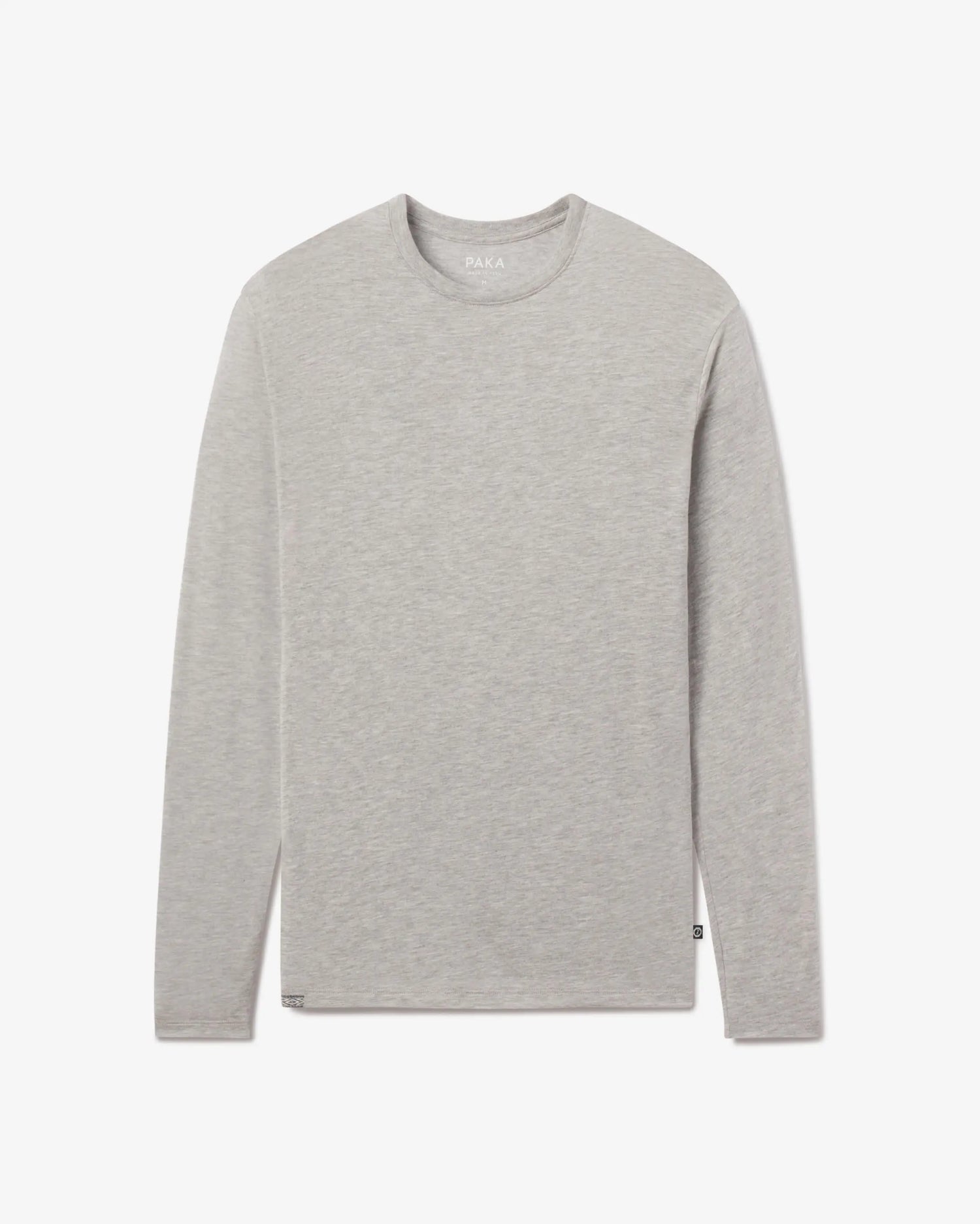 Front view of Men’s Aire long sleeve alpaca shirt showing crew neck and heather grey fabric on white background