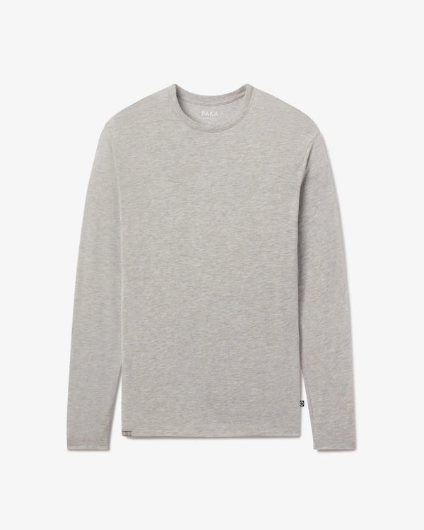 Front view of Men’s Aire long sleeve alpaca shirt showing crew neck and heather grey fabric on white background