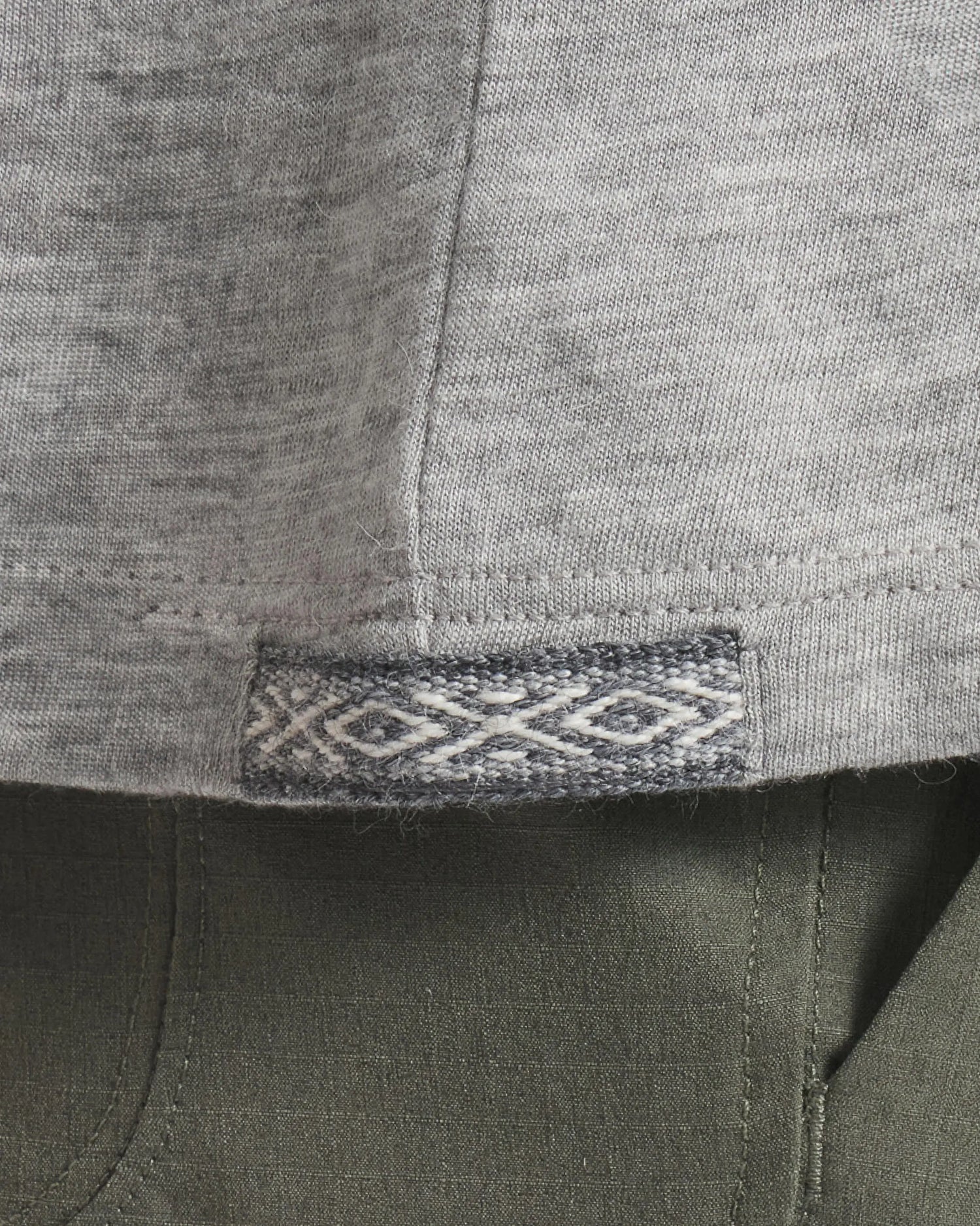 Close-Up of Inca ID on Waist of Men's Aire Long Sleeve Outdoor Shirt in Heather Grey – PAKA Apparel