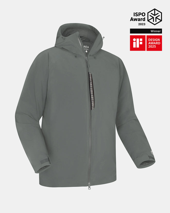 Front view of Men’s Apu Parka in eucalyptus showcasing insulated hood, chest zip pocket, and waterproof shell on plain light gray background