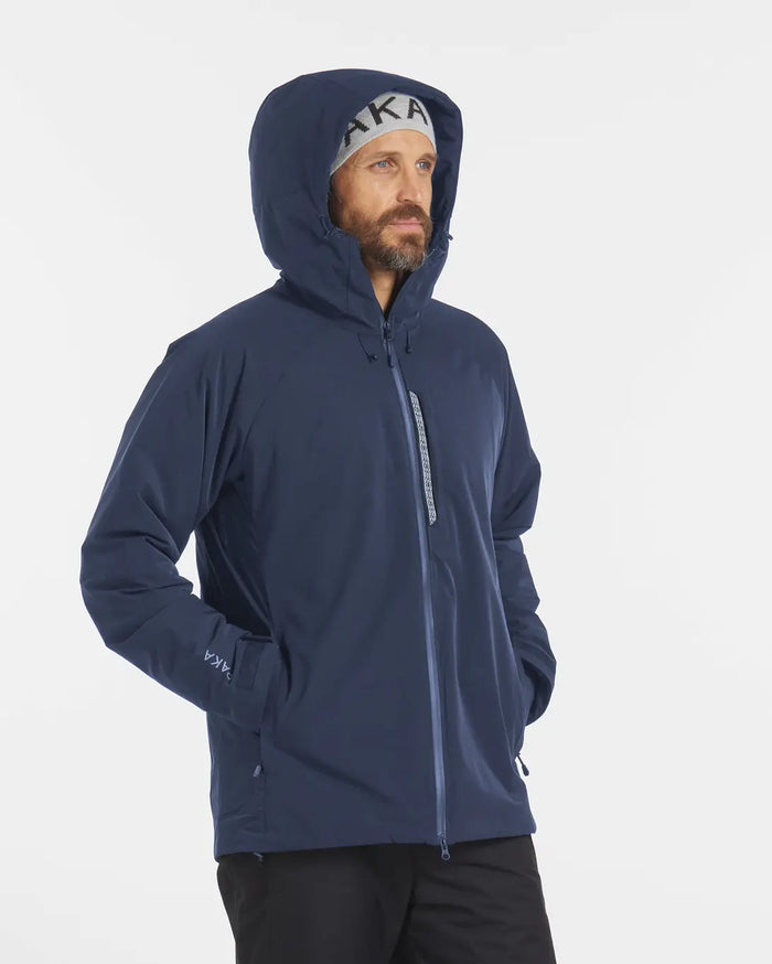 Model Looking Sideward with Hood Up in Apu Navy Men's Parka Ethical Winter Ski Jacket – PAKA Apparel