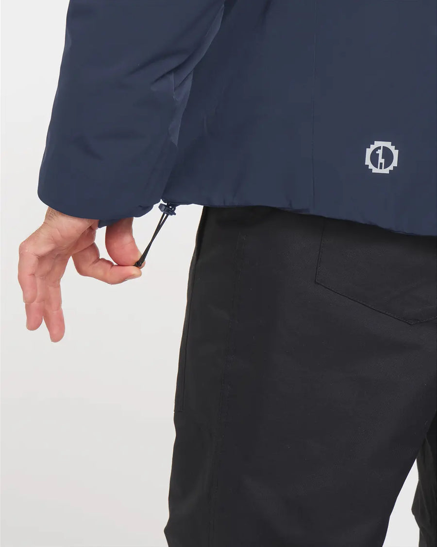 Hand Pulling Waist Drawstring of Navy Blue Men's Apu Parka Sustainable Ski Jacket – PAKA Apparel