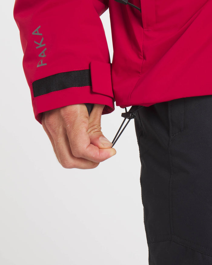 Hand Pulling Waist Drawstring of Maca Red Men's Apu Parka Sustainable Ski Jacket – PAKA Apparel