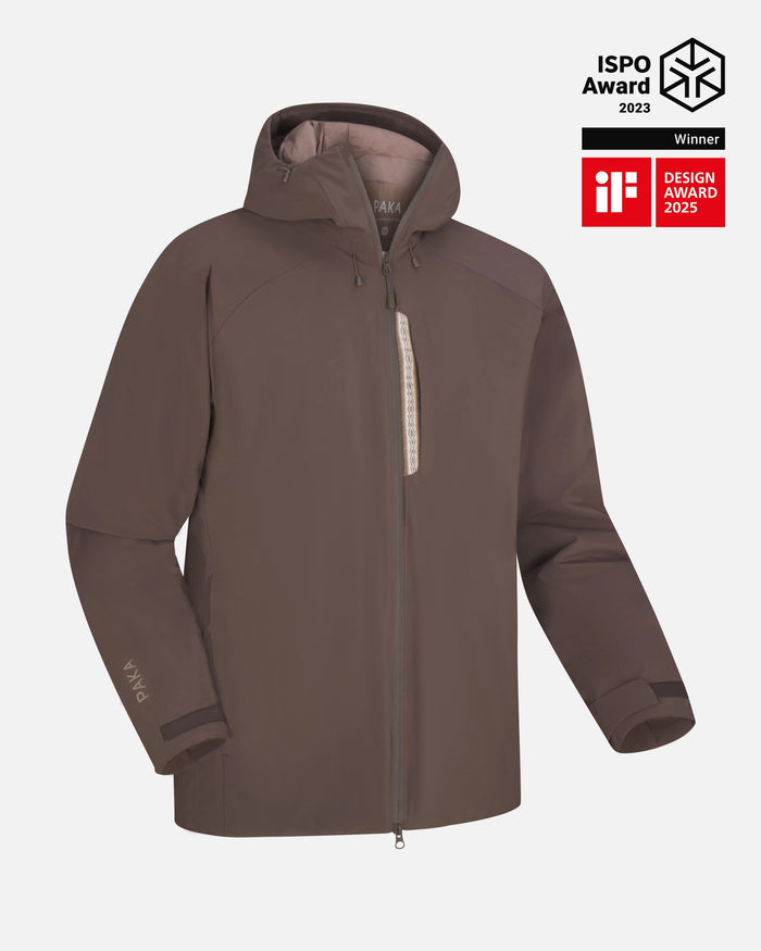 Front view of Men’s Apu Parka in wood with attached hood, chest zip, and adjustable cuffs on light gray background