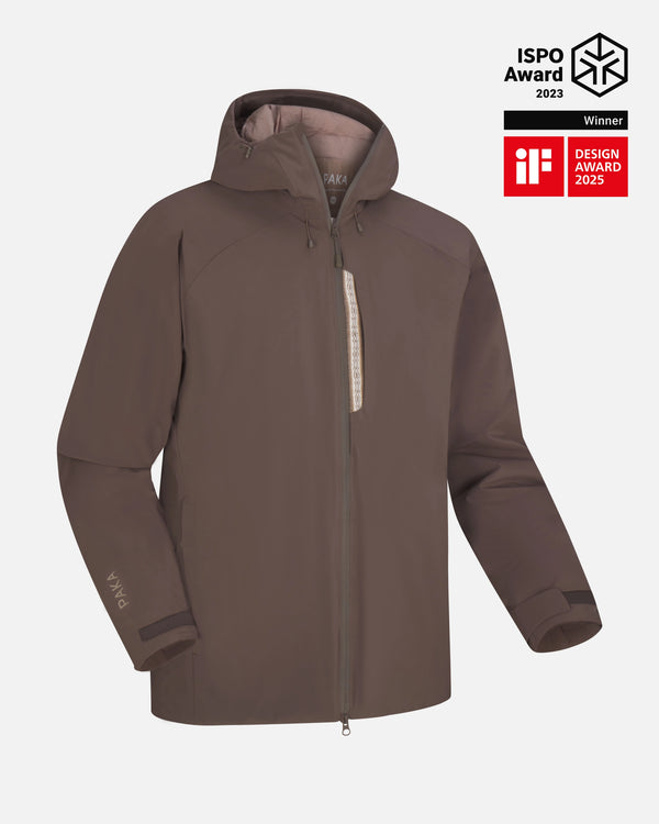 Front view of Men’s Apu Parka in wood with attached hood, chest zip, and adjustable cuffs on light gray background