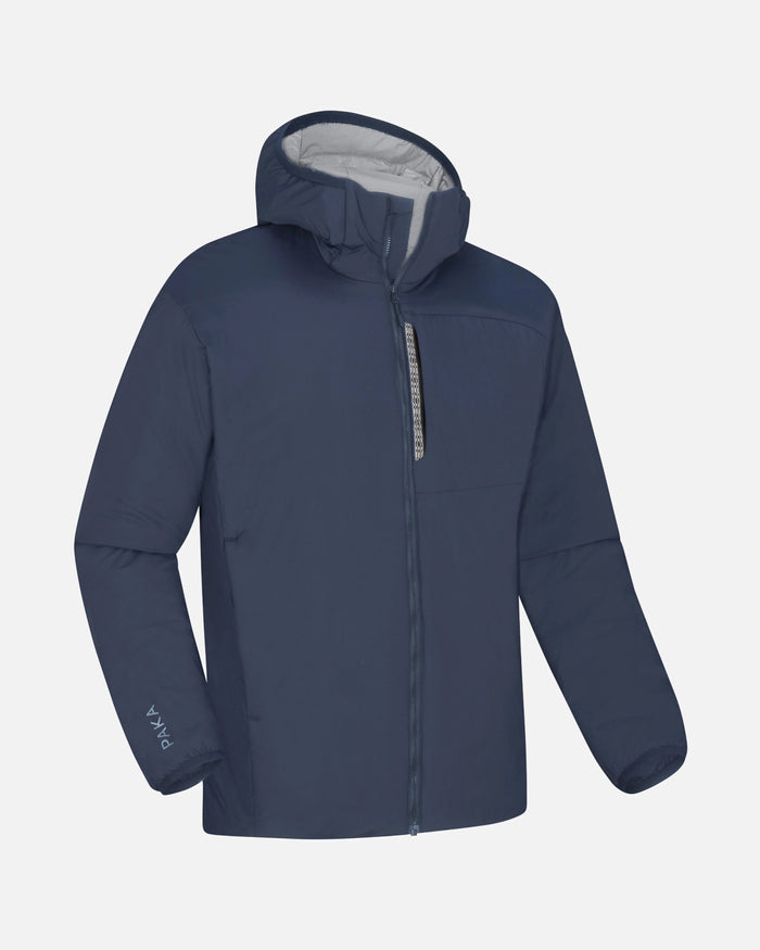 Front view of men’s Apu lightweight puffer jacket with hood in storm navy showing chest zip pocket and elastic cuffs