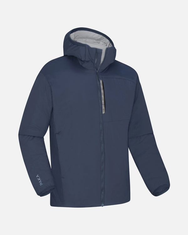 Front view of men’s Apu lightweight puffer jacket with hood in storm navy showing chest zip pocket and elastic cuffs