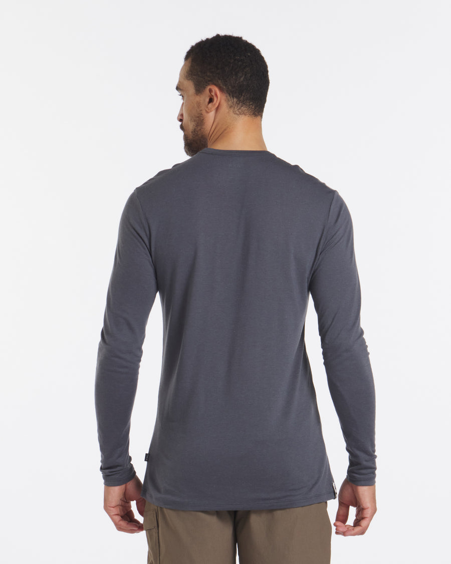 Back Shot of Model in Charcoal Blue Aire Men’s Alpaca and Tencel Long Sleeve Shirt – PAKA Apparel