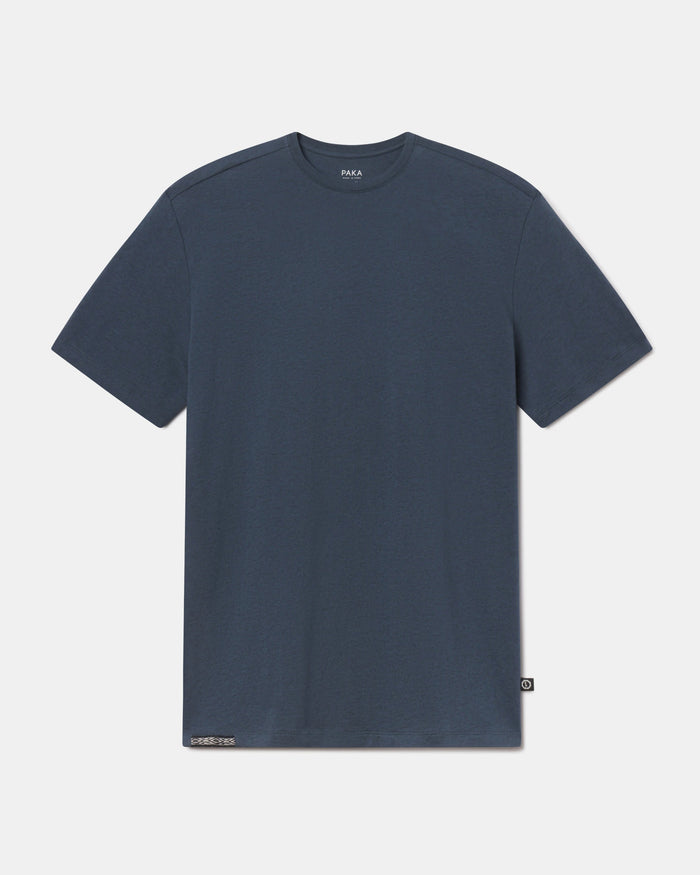 Front view of men’s navy Essential Tee showing crew neckline and short sleeves on white background