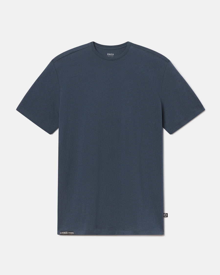 Front view of men’s navy Essential Tee showing crew neckline and short sleeves on white background