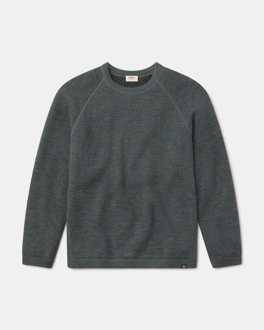 Front view of Men’s Mountain Crew sweater showing raglan sleeves and two-tone forest knit on plain background