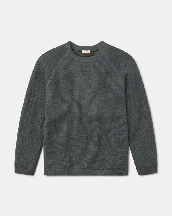 Front view of Men’s Mountain Crew sweater showing raglan sleeves and two-tone forest knit on plain background