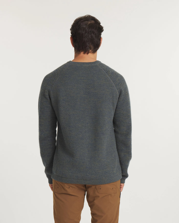 Back view of Men’s Mountain Crew sweater in Forest green showcasing raglan sleeves and two-tone knit on white background