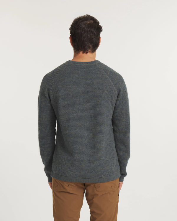 Back view of Men’s Mountain Crew sweater in Forest green showcasing raglan sleeves and two-tone knit on white background