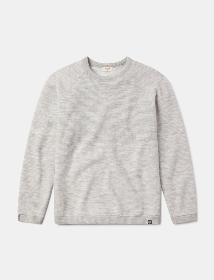 Front flat-lay of Men’s Mountain Crew in heather gray, showing raglan sleeves, crewneck, ribbed cuffs, and logo tab