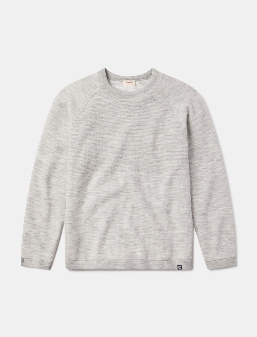 Front flat-lay of Men’s Mountain Crew in heather gray, showing raglan sleeves, crewneck, ribbed cuffs, and logo tab