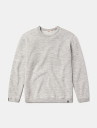 Front flat-lay of Men’s Mountain Crew in heather gray, showing raglan sleeves, crewneck, ribbed cuffs, and logo tab