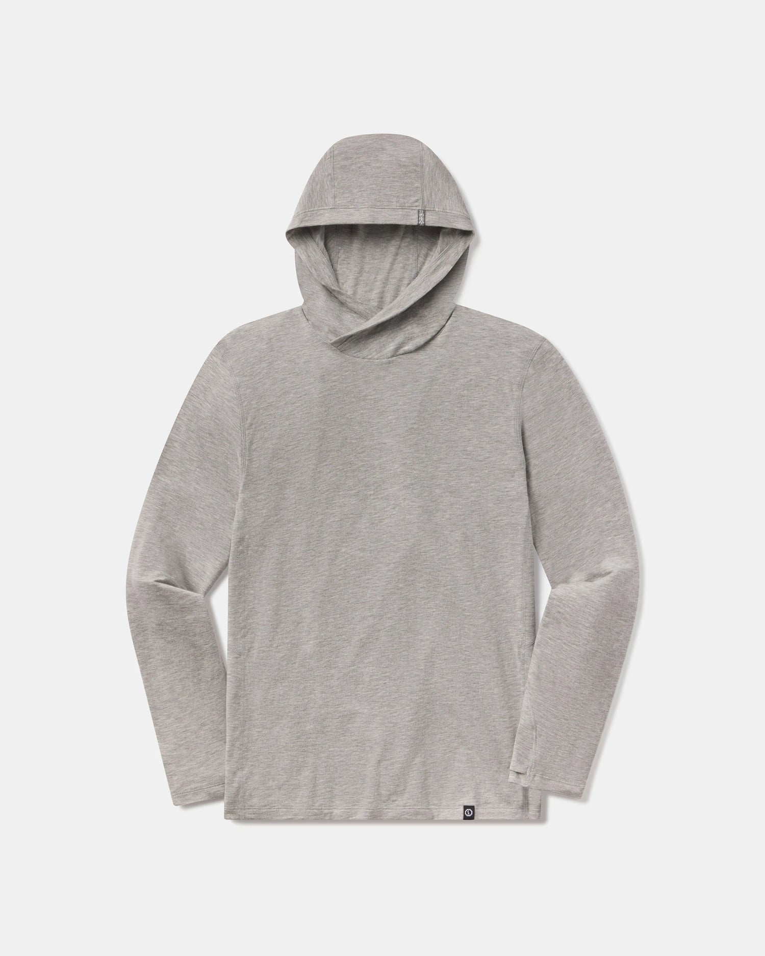 Front flat view of Men’s Sol Hoodie showcasing heather grey color, hooded long-sleeve pullover on light gray background