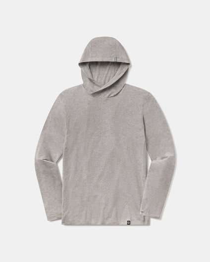 Front flat view of Men’s Sol Hoodie showcasing heather grey color, hooded long-sleeve pullover on light gray background