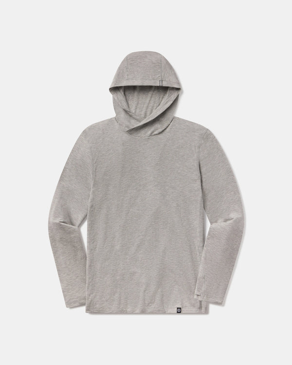 Front flat view of Men’s Sol Hoodie showcasing heather grey color, hooded long-sleeve pullover on light gray background