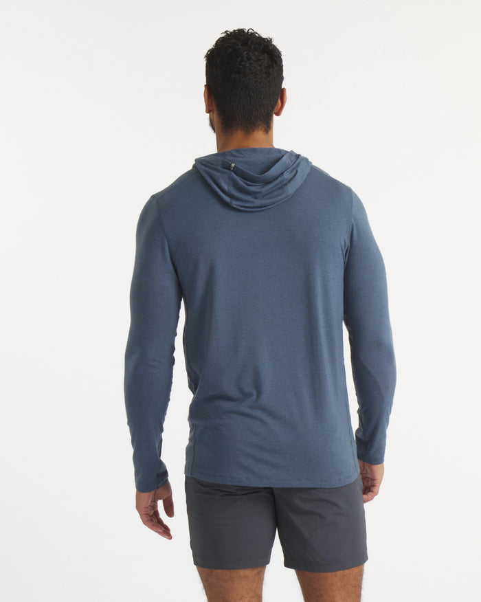Back of Model in Sol Navy Men's Lightweight Sun Hoodie – PAKA Apparel