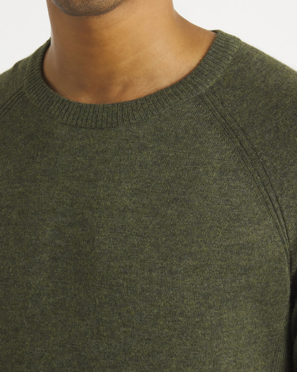 Close-Up Torso Shot of Ultralight COOLPLUS Men's Alpaca Crewneck Sweater for Warm Weather in Andean Moss – PAKA Apparel