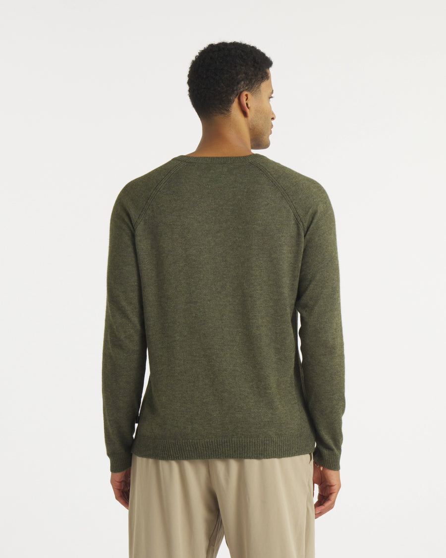 Back view of Men’s Ultralight 1.0 Crew in Andean Moss showing lightweight alpaca knit and raglan sleeves on white background