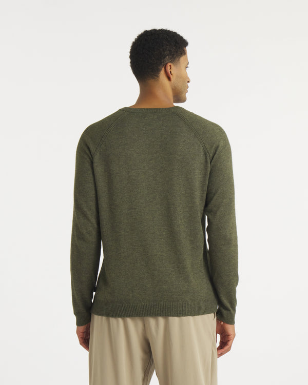 Back view of Men’s Ultralight 1.0 Crew in Andean Moss showing lightweight alpaca knit and raglan sleeves on white background