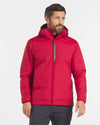 Front view of Men’s Apu lightweight puffer jacket in Maca Red on model, hooded with center zip and chest pocket