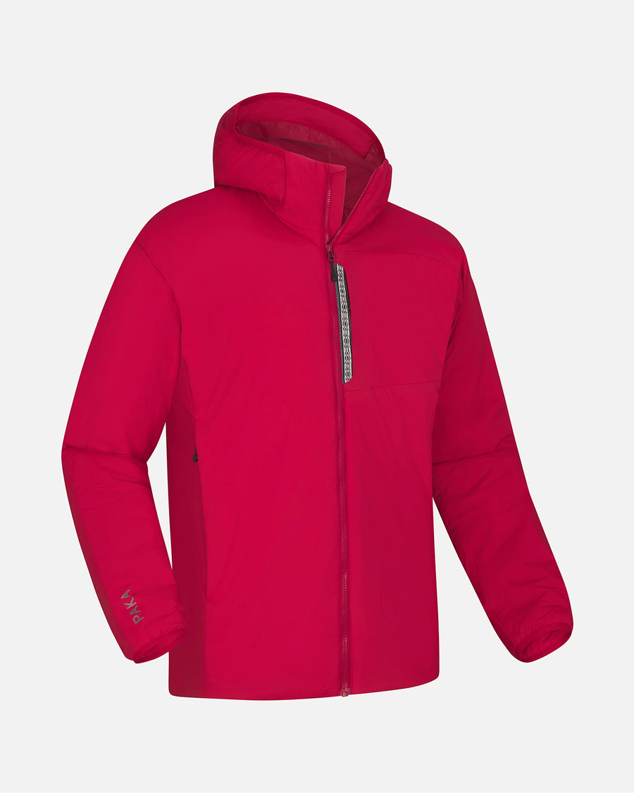 Front three-quarter view of Men’s Apu Lightweight Puffer jacket, Maca red, hooded with chest zip pocket on white background